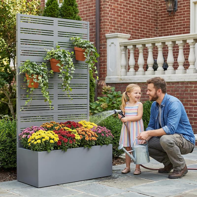 Metal Galvanized Planter Box with Trellis Privacy Screen Lockable Wheels