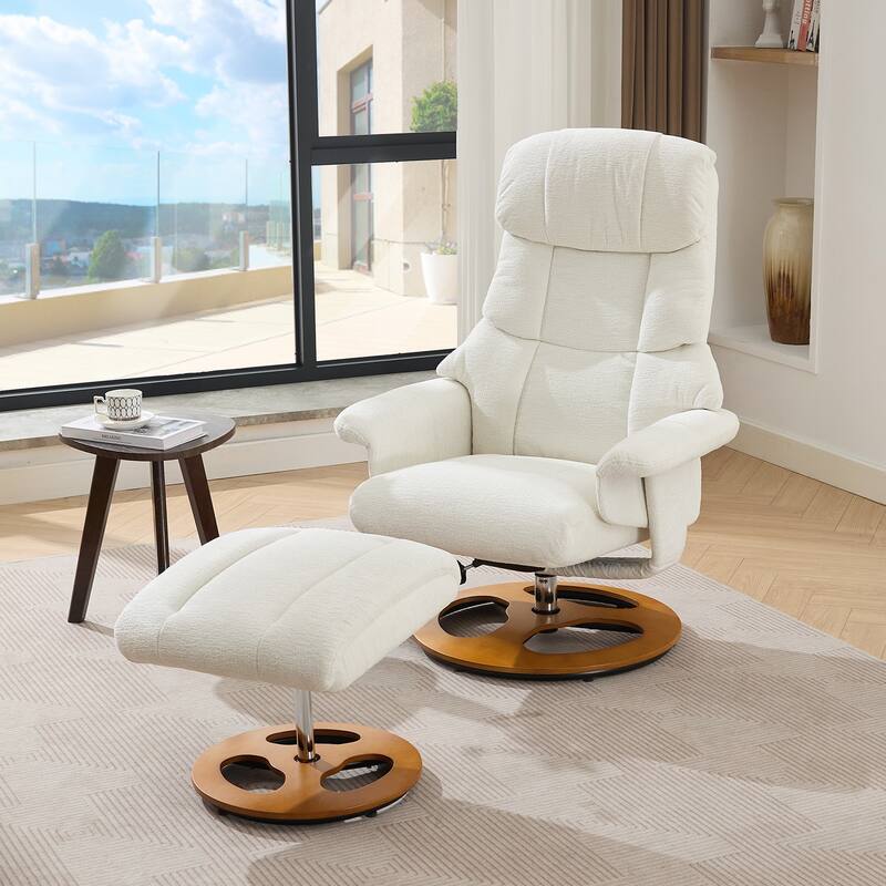 Recliner Chair with Ottoman, 360° Swivel Lounge Chair with Footstool, Chenille Fabric, Seat Heating & 140° Adjustable Backrest