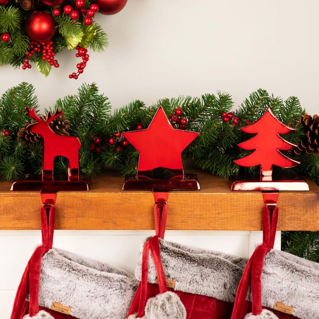 Reindeer, Christmas Tree, Star Metallic Red Christmas Stocking Holders