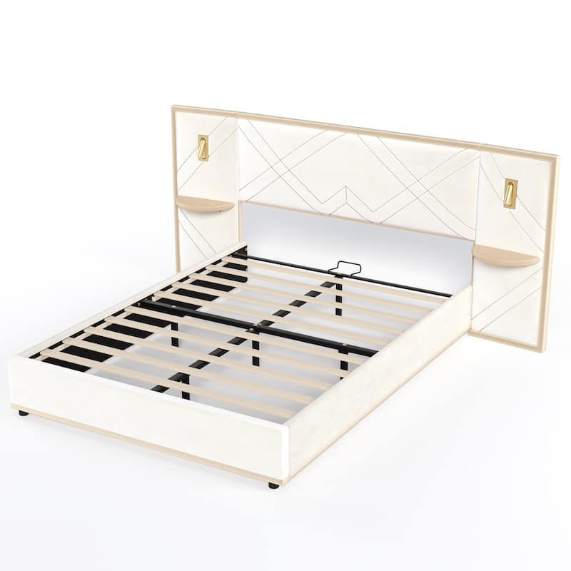 Christopher Knight Home - Voss Velvet Upholstered Bed with 2 Built-in LED Lights and 2 Storage Side Panels