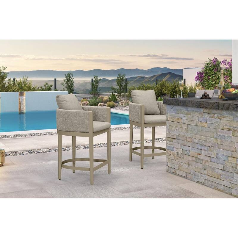 PURPLE LEAF Bar Stool Set of 2 Outdoor Rattan Bar Chair with Back Metal Bar Height Stool Wicker Barstool Dark Grey
