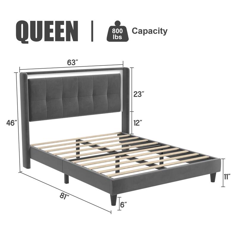 Upholstered Platform Bed with Headboard and Sturdy Wooden Slats