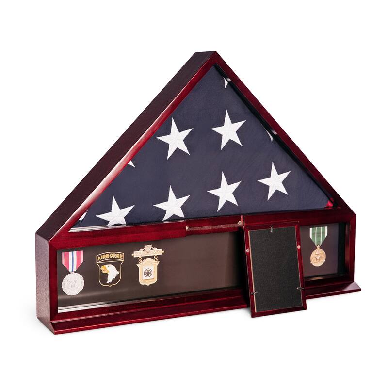 Handcrafted Military Flag and Medal Display Wood Case - Large