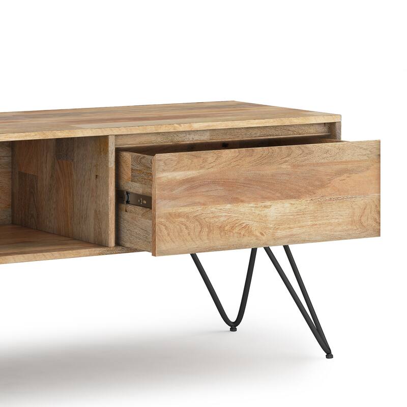 WYNDENHALL Moreno SOLID MANGO WOOD 68 inch Wide Industrial TV Media Stand in Natural For TVs up to 75 inches