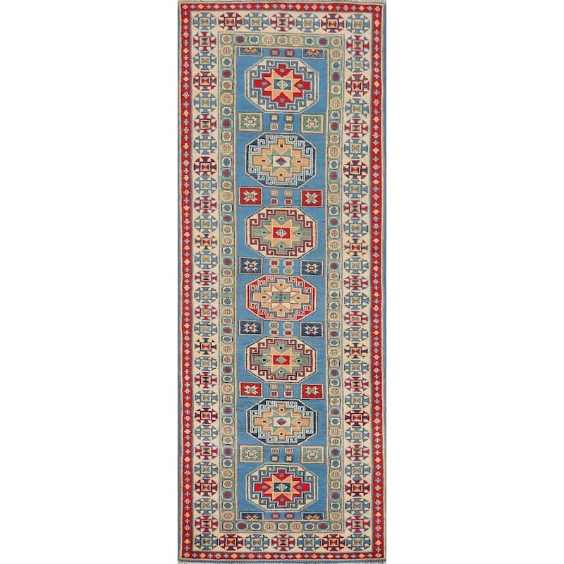 Blue Geometric Kazak Runner Rug Hand-Knotted Oriental Wool Carpet - 2'8" x 9'6"