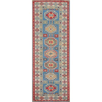 Blue Geometric Kazak Runner Rug Hand-Knotted Oriental Wool Carpet - 2'8" x 9'6"