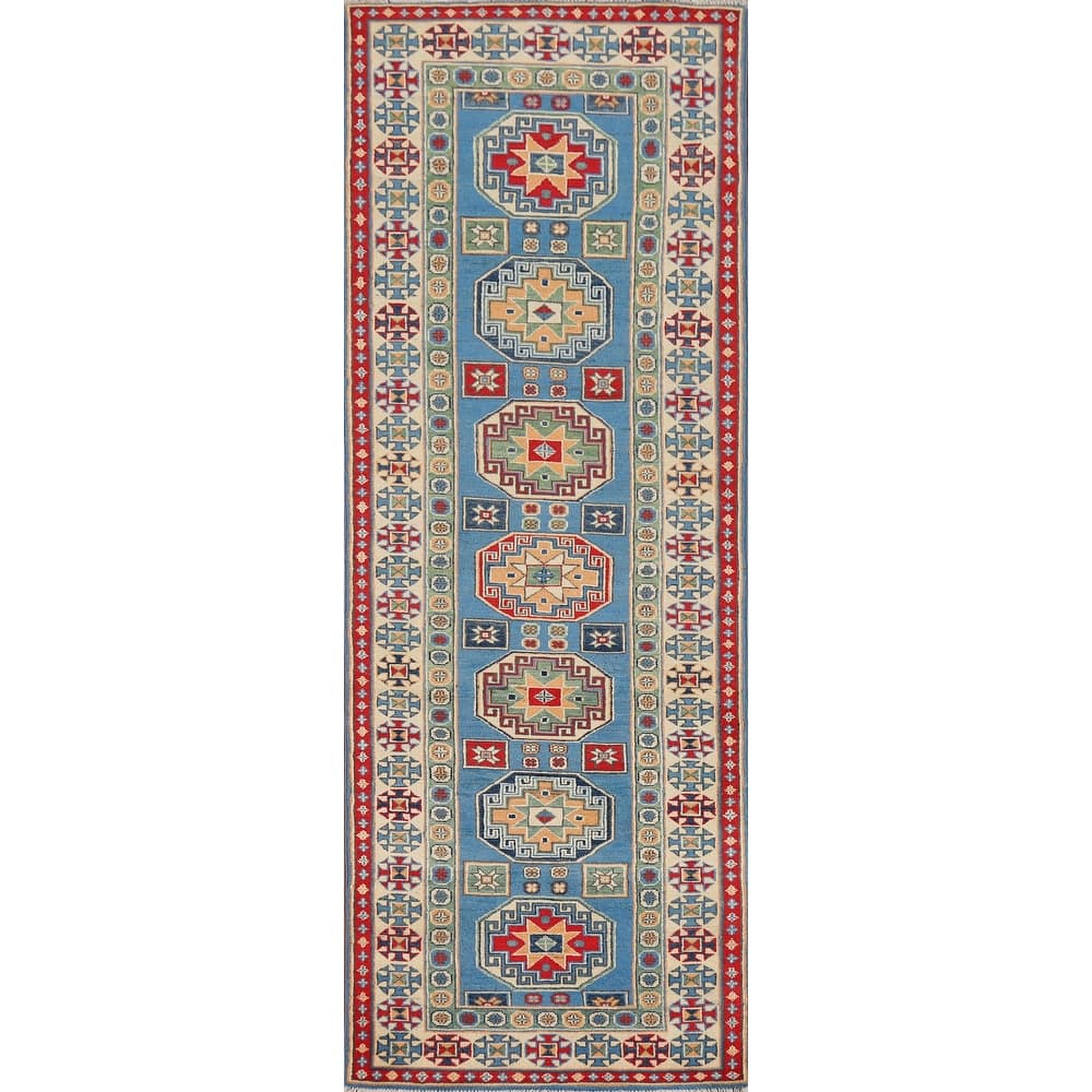 Blue Geometric Kazak Runner Rug Hand-Knotted Oriental Wool Carpet - 2'8" x 9'6"
