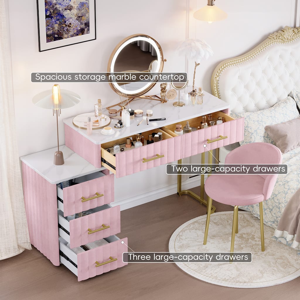Velvet Upholstered Makeup Vanity Desk with 5 Storage Drawers, Marble-Look Sticker Top Dressing Table and Padded Makeup Chair Set