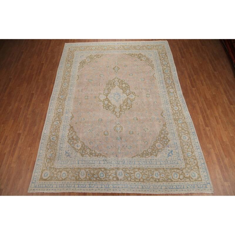 Hand Knotted Oriental 100% Wool Carpet Traditional Floral Pink Mashad Area Rug - 12' 9'' X 9' 5''