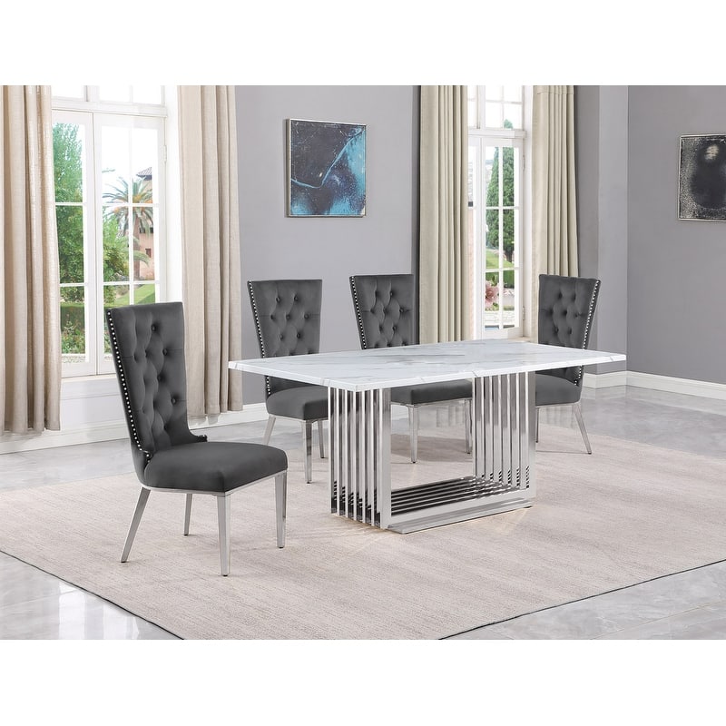 Best Quality Furniture D310/1-SC330-7 Dining Set with 68" White Marble Top - 5-Piece - Dark Grey / Silver