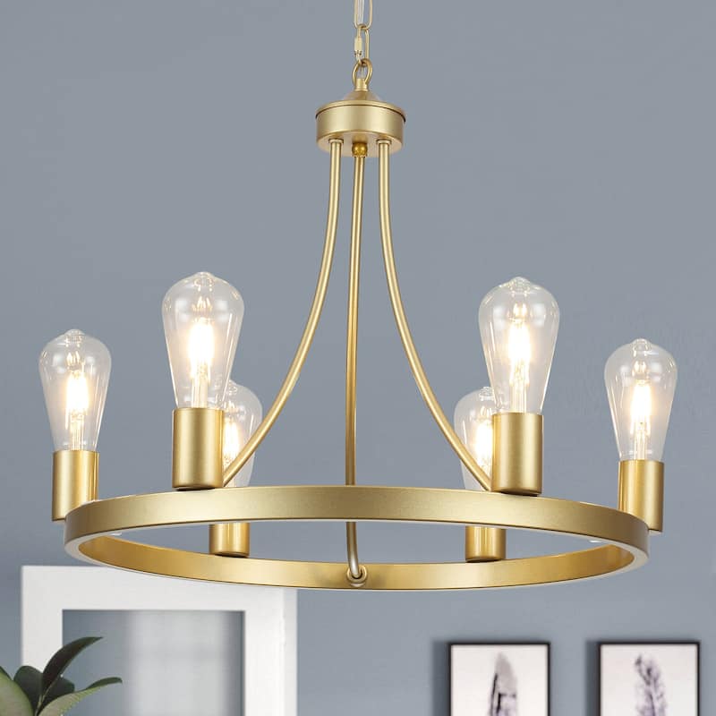 6-Light Farmhouse Metal Round Wagon Wheel Chandelier for Dining Room Living Room Bedroom Kitchen - 19.68'' D x 16.14'' H
