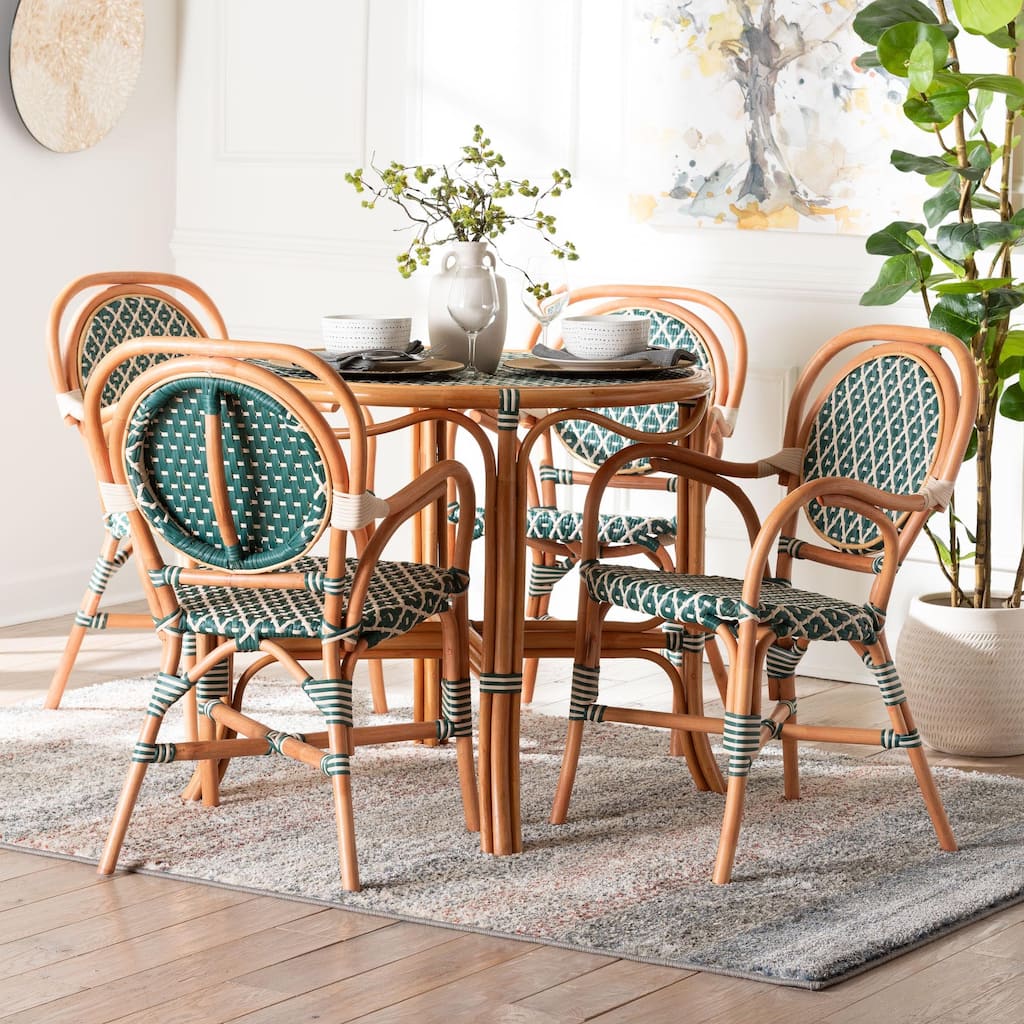 Mattie Natural Rattan Bistro Dining Set - 5-Piece Cafe-Style Set with Round Table and 4 Matching Chairs, Indoor/Outdoor Seating