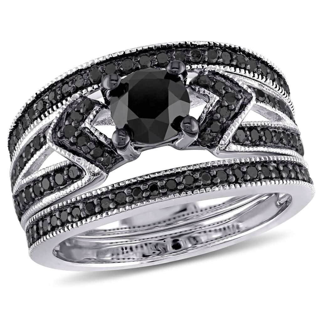 Miadora Sterling Silver 1 1/4ct TDW Black Diamond Split Shank 3-Piece Bridal Set