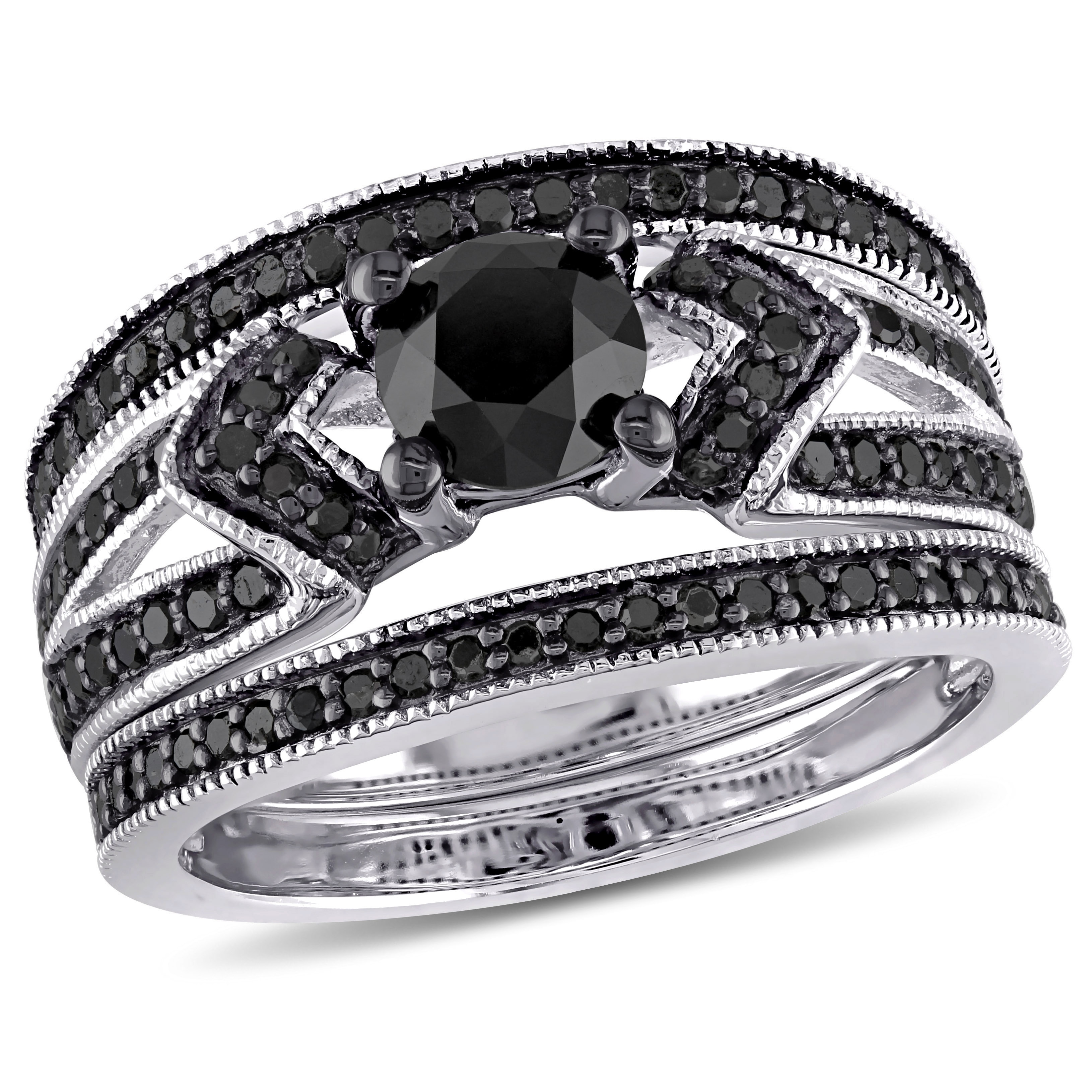 Miadora Sterling Silver 1 1/4ct TDW Black Diamond Split Shank 3-Piece Bridal Set