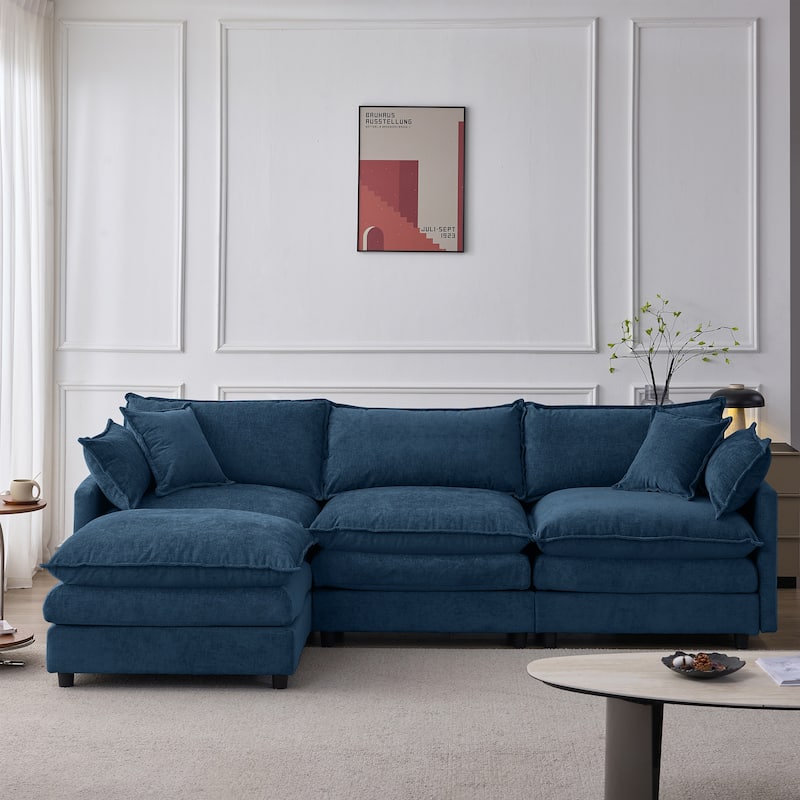 Chenille Upholstered L-shaped Sectional Sofa 3 Seater Modular Couch with Ottoman, Pillows and Double Layer Seat Cushions