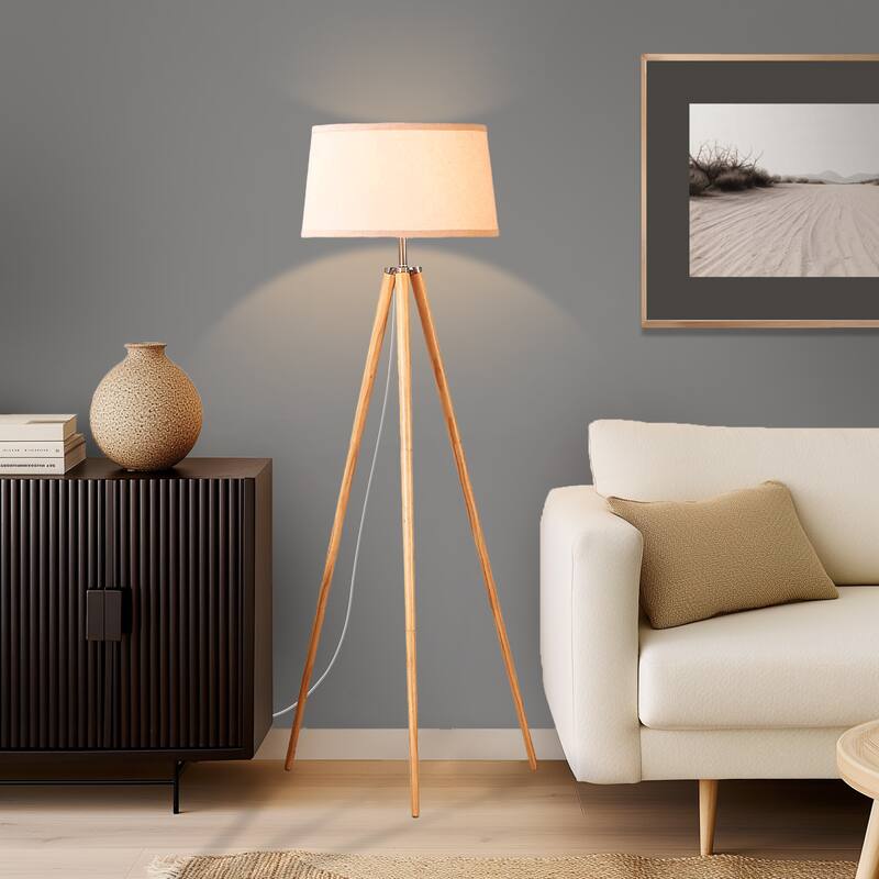 Brightech Emma 61 in. Mid-Century Modern LED Super Bright Floor Lamp with Beige Fabric Drum Shade