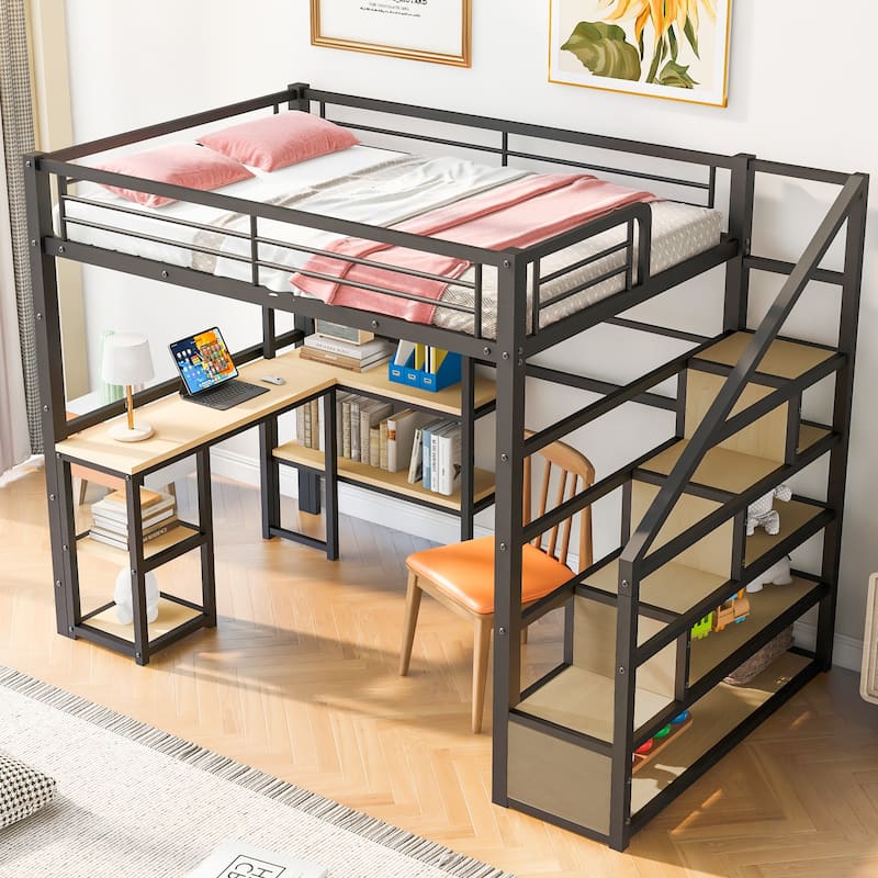 Full Size Metal Loft Bed with Staircase, Built-in Desk, and Shelves in Black