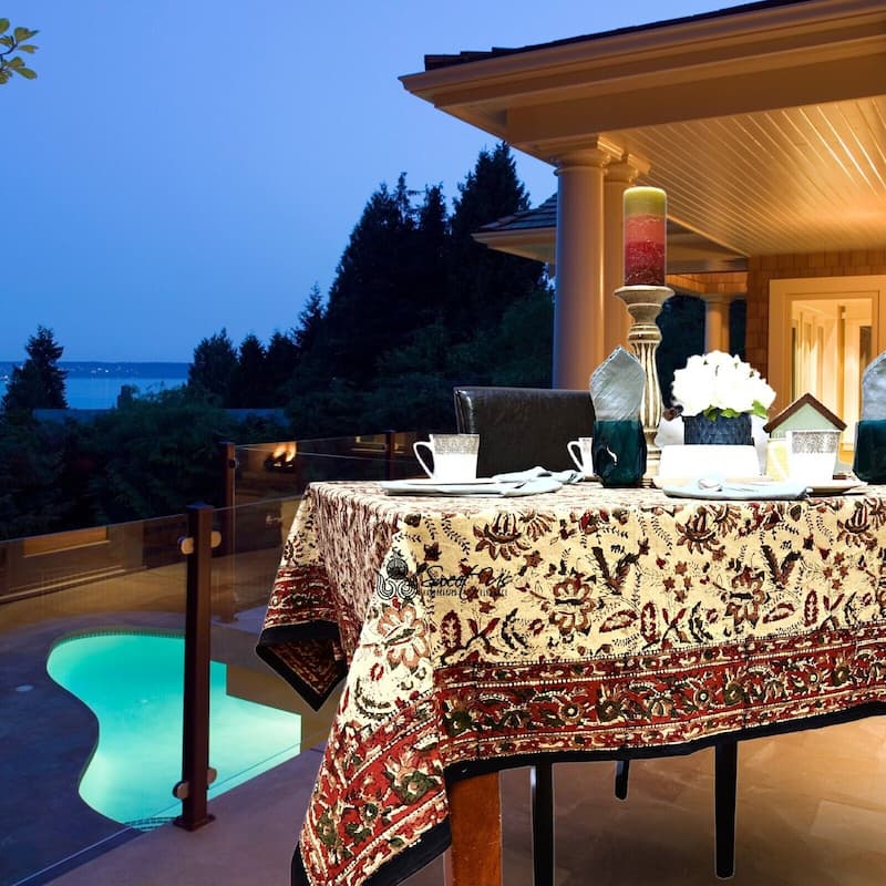 Blooming Flower Block Print Floral Cotton Tablecloth Collection - 60 x 90 in