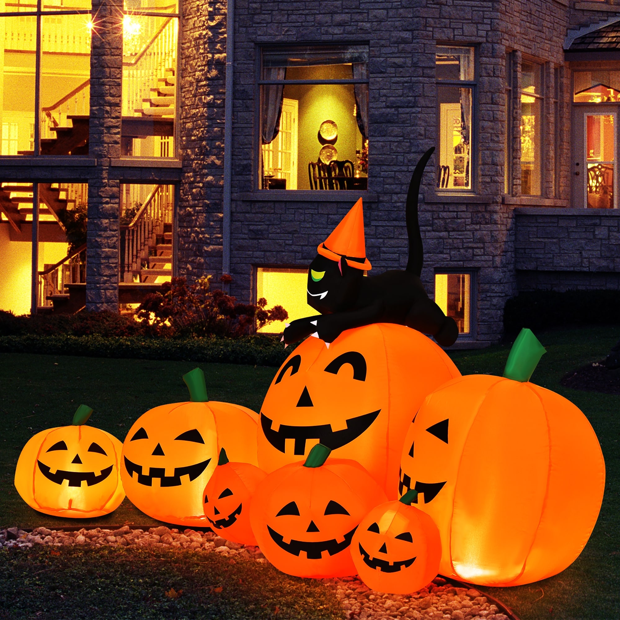 Halloween Inflatable Pumpkin Decor - 7 Ft Long With Witch Cat & Dog, Built-in LEDs, For Yard & Party