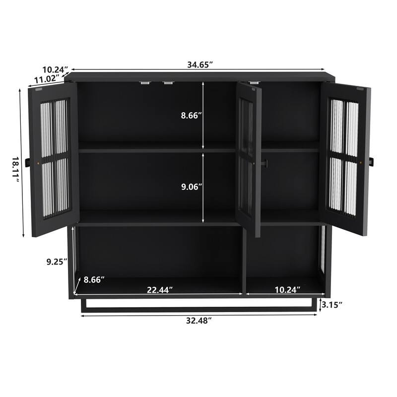 3-Door Wall Cabinet with Fluted Glass & Towel Bar, Modern Storage Solution