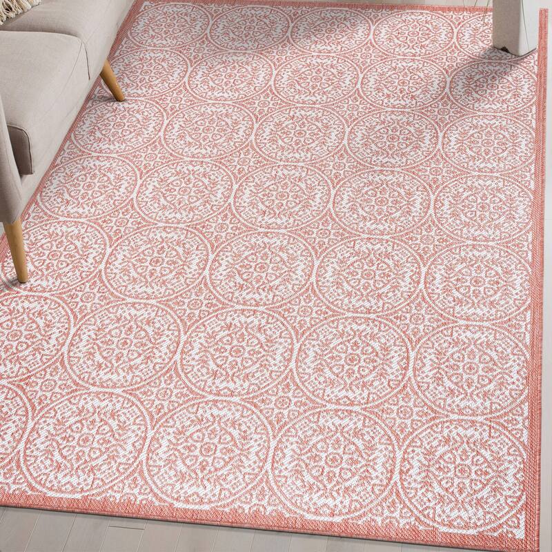 World Rug Gallery Transitional Floral Circles Textured Flat Weave Indoor/Outdoor Area Rug
