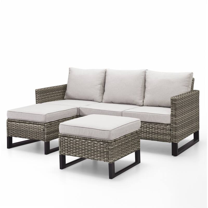 3 Pieces Outdoor Wicker Sofa with Ottomans Grey - Beige