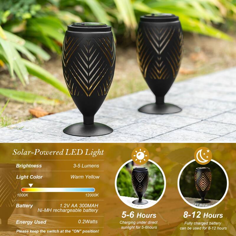Glitzhome 8.75"H Set of 2 Black Metal Cutout Geometric Pattern Solar Powered Outdoor Lantern with LED Light