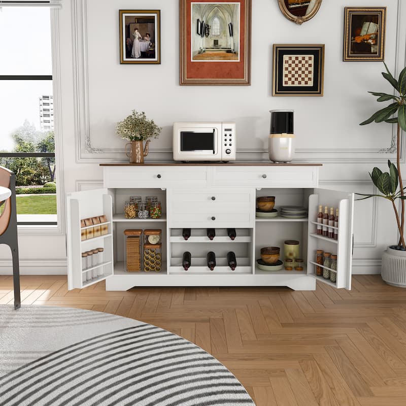 54"Buffet Sideboard with Storage Cabinet & Adjustable Shelf - Wood Top Dining Table with Drawer, Kitchen Storage Cabinet - White+Walnut