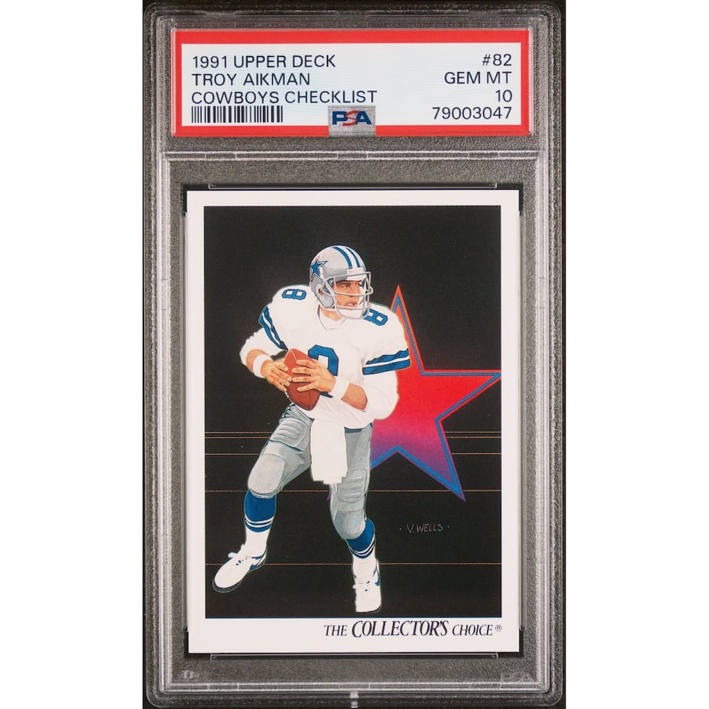 Troy Aikman 1991 Upper Deck Cowboys Checklist Football Card #82 Graded PSA 10 - 8'6" x 11'6"