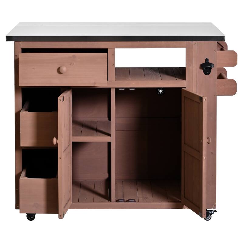 Extendable 41.9" Outdoor Kitchen Island with Stainless Steel Top and Side Spice Rack, Kitchen Cart with Drawers, Storage Cabinet