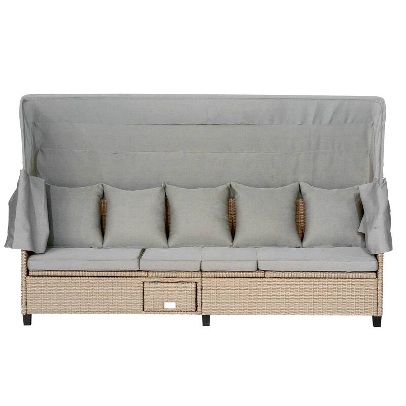 4-Piece Outdoor Wicker Patio Sofa Set with Retractable Canopy,Adjustable Table & Ottomans,UV-Resistant Cushions for Lounge