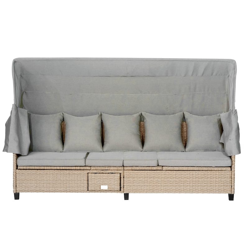 4 Piece UV-Proof Resin Wicker Patio Sofa Set with Retractable Canopy, Cushions & Lifting Table, Beige
