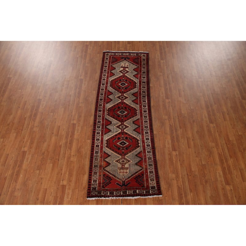 Red Ardebil Persian Vintage Runner Rug Handmade Wool Carpet - 3'2"x 9'8"