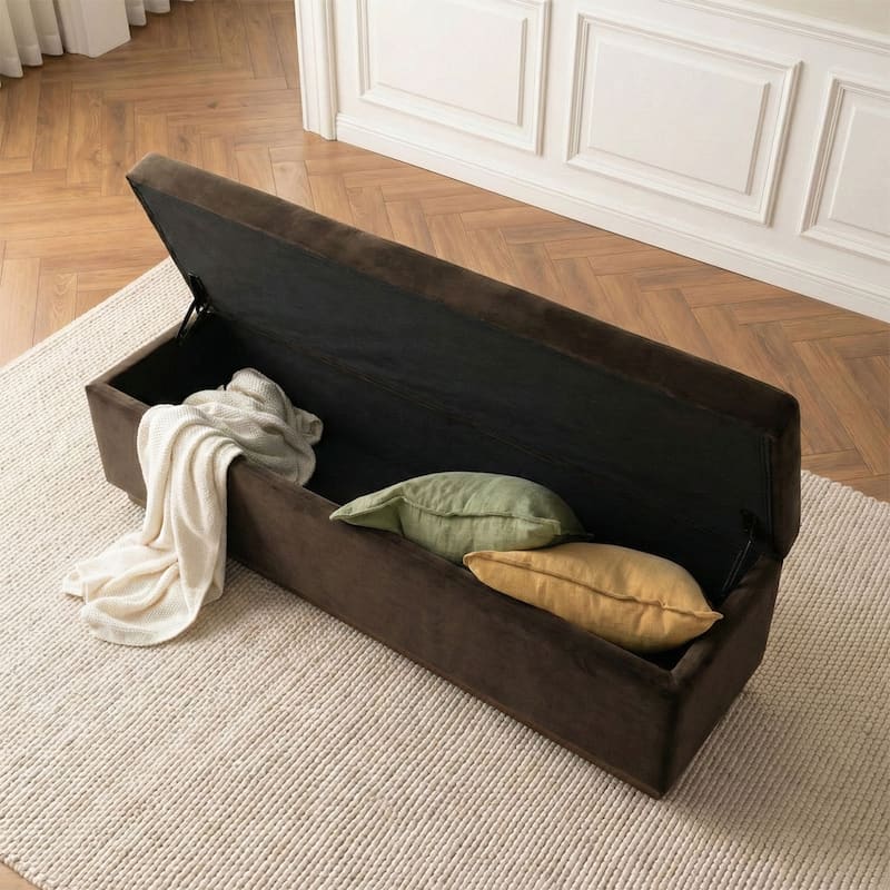 60" Wide Mid-Century Velvet Storage Bench With Solid Wood Base