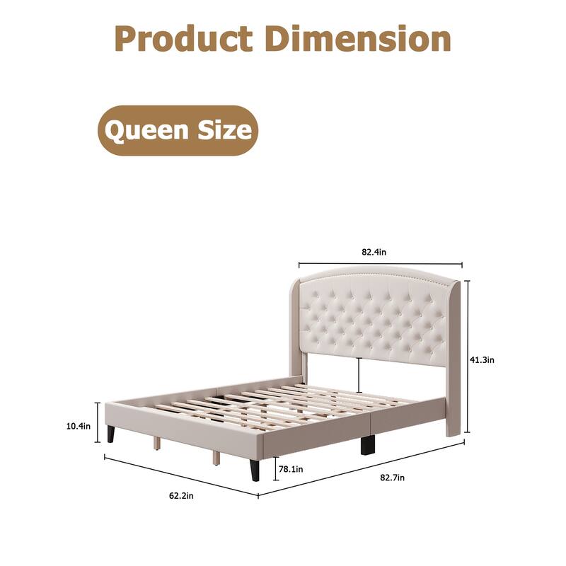 Platform Bed Frame Full with Upholstered Wingback Headboard