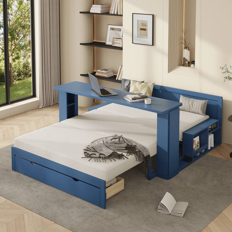 Full Size Daybed with Removable Desk, Storage Drawers & Hydraulic Side Table