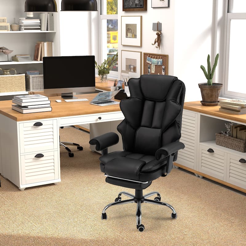 Ergonomic 6-Point Massage Office Chair with Heating, Reclining Function, Retractable Footrest, and Adjustable Armrests - Black