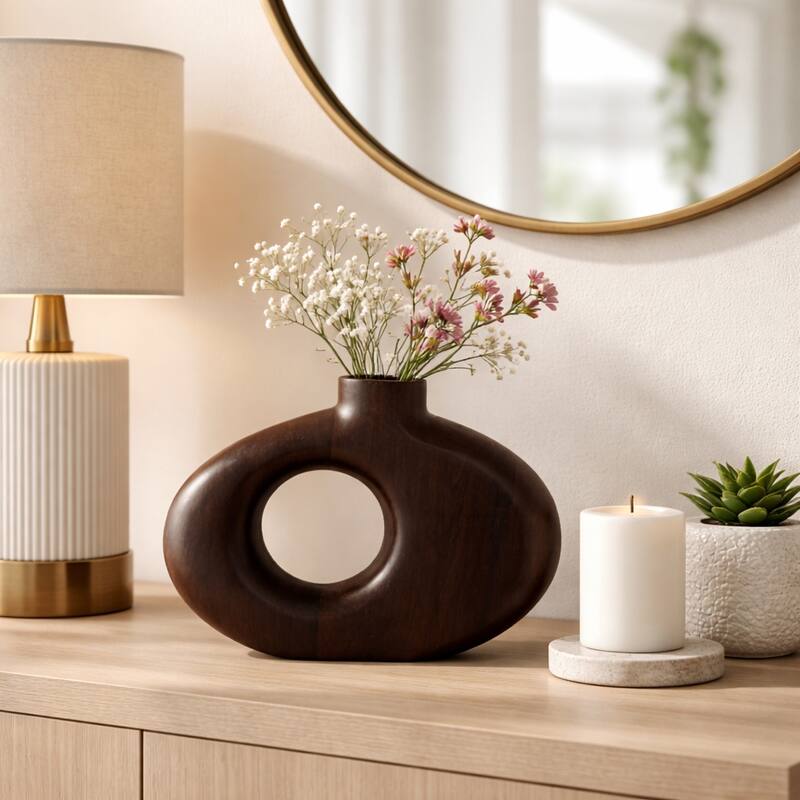 Mango Wood Modern Vase with Round Cutout Silhouette Minimalist Design