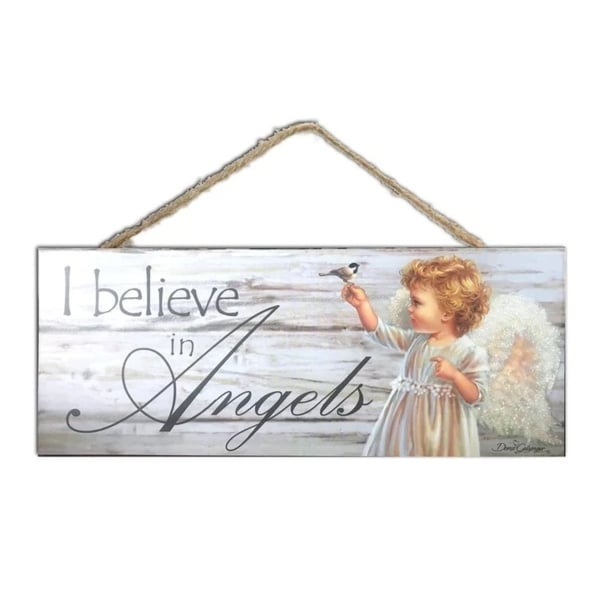 White and Gray Angel Printed Rectangular Wall Sign with Rope Hanger 4" x 10" - N/A