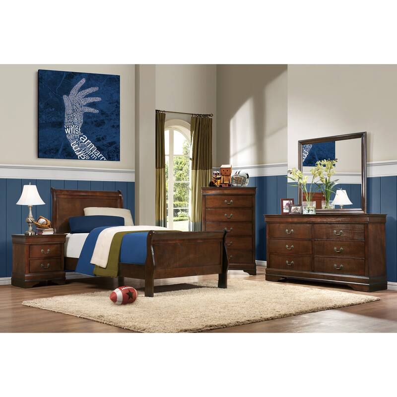 Classic Twin Size Sleigh Bed in Brown Cherry Finish, Traditional Design Bedroom Furniture
