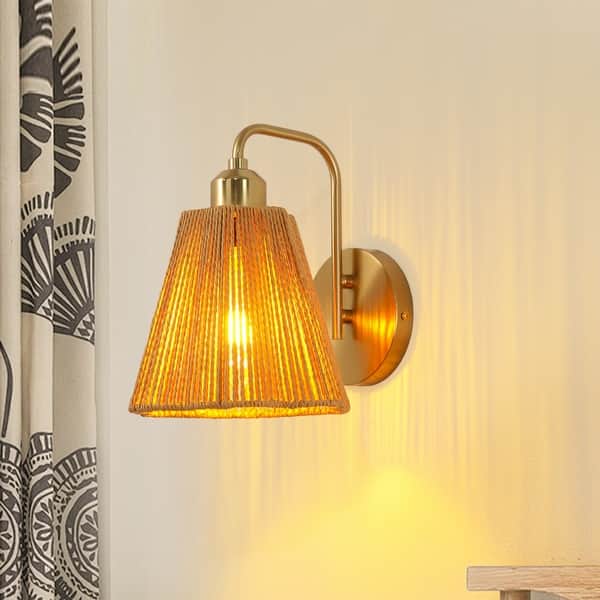 slide 2 of 16, Hand-Woven Brass Brown Paper Rope 1-Light Wall Sconce