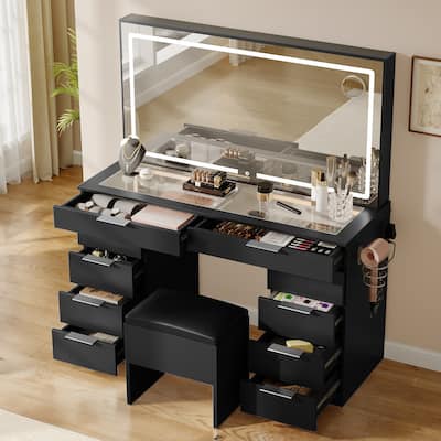 Moasis Black 10-Drawer Cosmetic Vanity Desk Set with Glass Tabletop Makeup Vanity with LED Strip