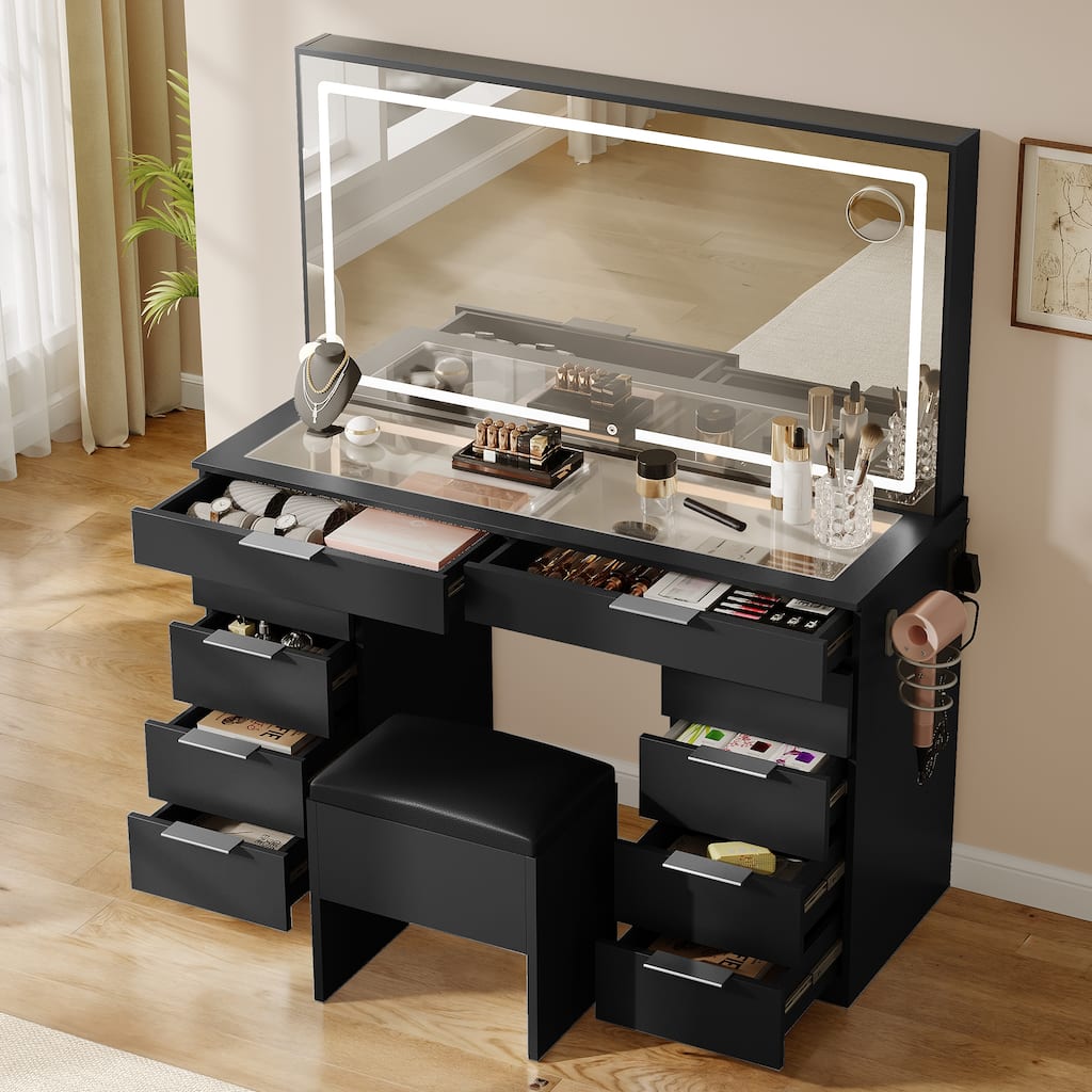 Moasis Black 10-Drawer Cosmetic Vanity Desk Set with Glass Tabletop Makeup Vanity with LED Strip