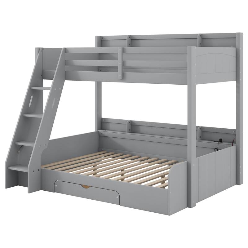 Roomfitters Twin Over Full Bunk Bed with Storage Shelves, LED and Charging Station