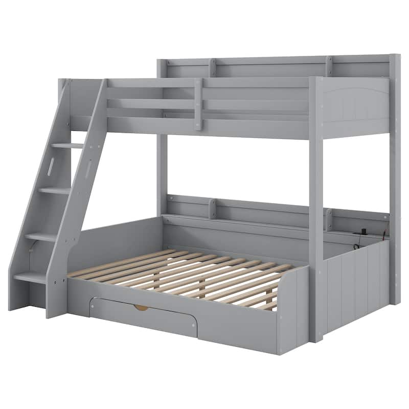 Twin over Full Bunk Bed with LED Lights, Charging Station, Storage Shelves & Drawer, Solid Pine Wood