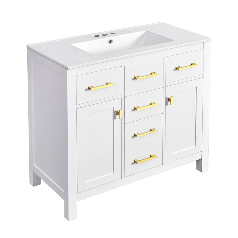 36" Bathroom Vanity with Ceramic Sink Set- Solid Wood Frame, Freestanding Storage Cabinet