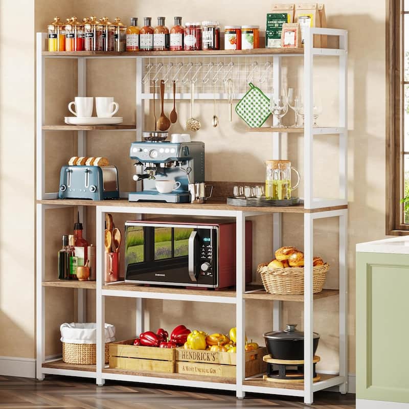 55" Wide Kitchen Hutch Cabinet Microwave Stand with 11 Hooks