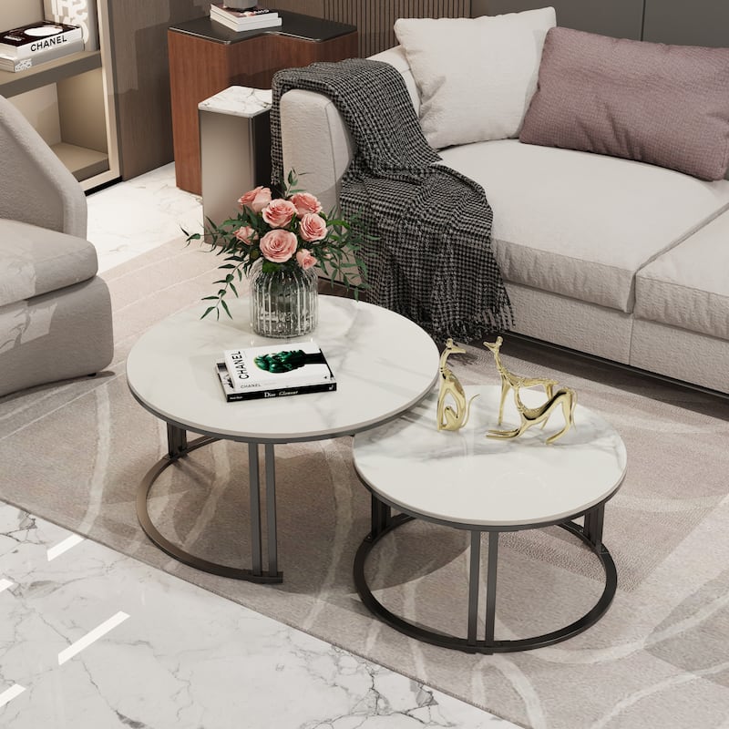 2X Round Nested Coffee Table Sintered Stone Top Metal Tables - 27”x16”