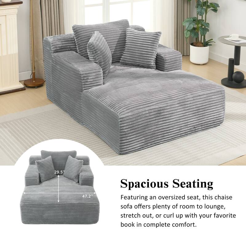 Full-compressed Grey Corduroy Chaise Lounge Sofa Bed with Removable Pillows