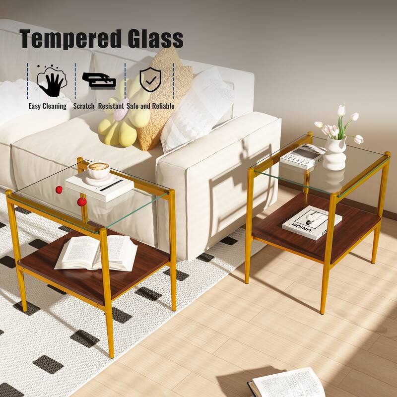 Set of 2 Rectangle End Table Tempered Glass Tabletop with MDF layer